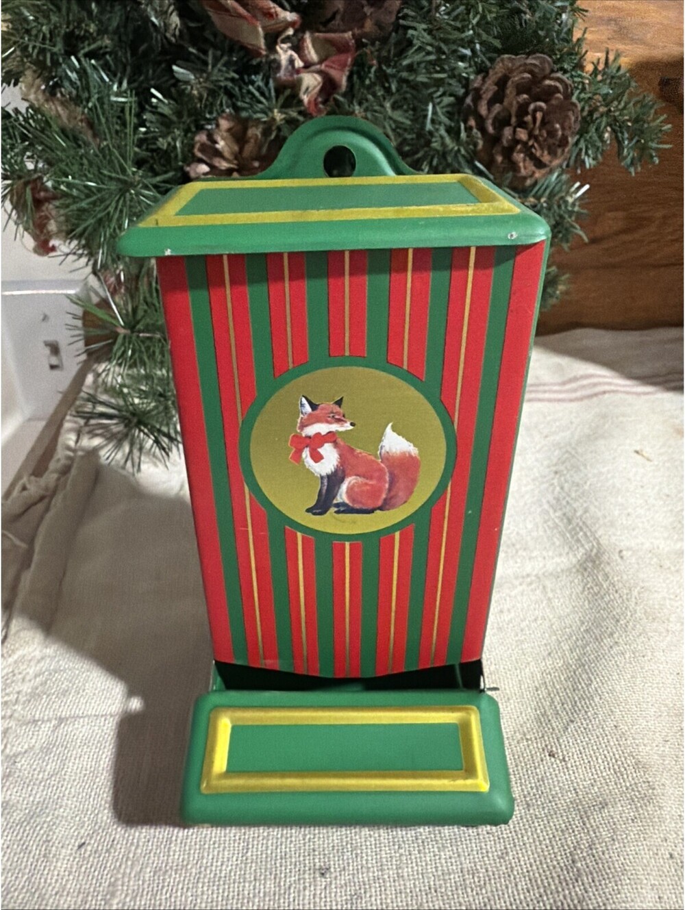 Vtg JASCO Match stick Holder Christmas Fox Red Green Metal Tin 6" Retro MCM